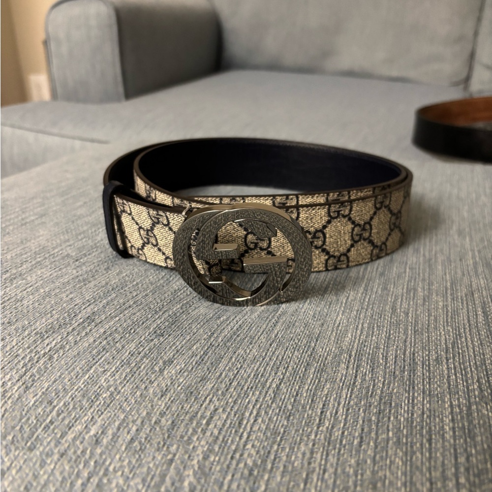 Gucci Beige and Black GG Belt with Dark Silver Buckle